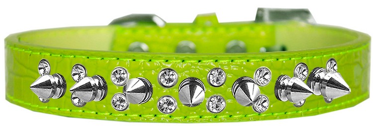 Double Crystal and Spike Croc Dog Collar Lime Green Size 14